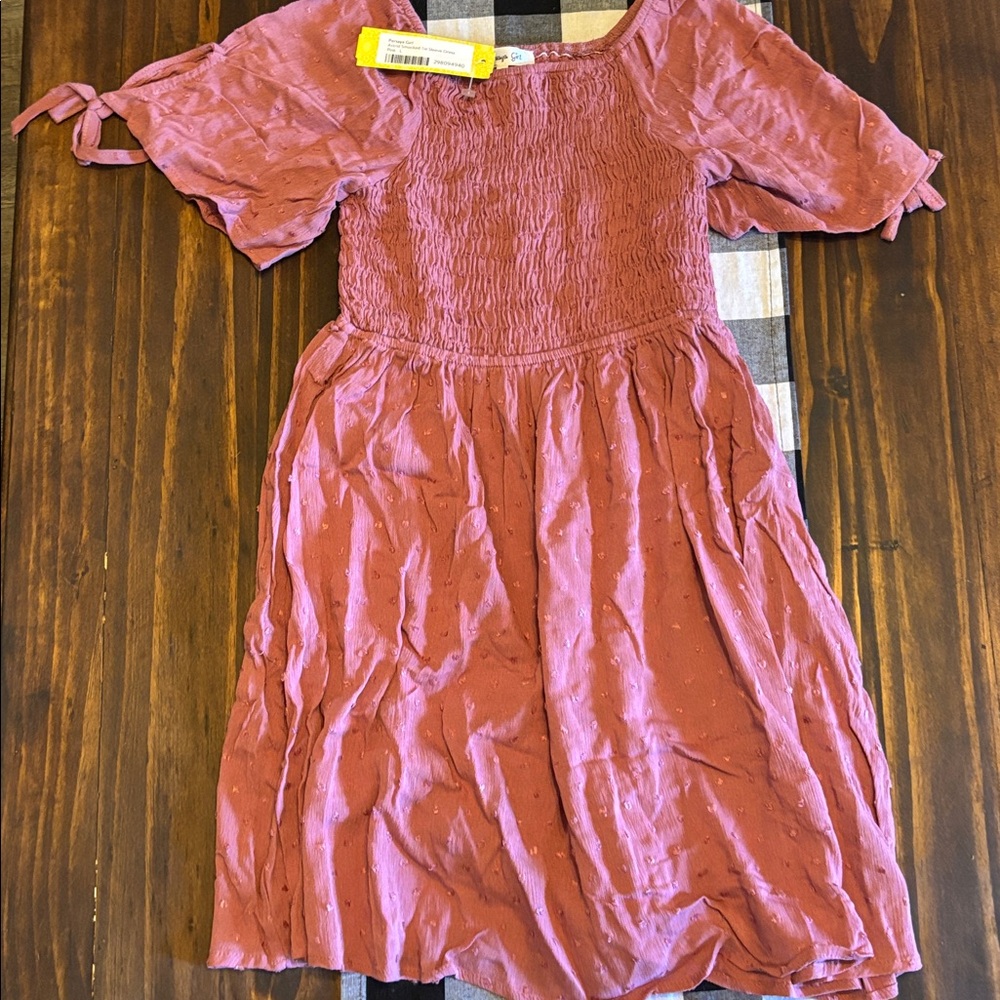 PERSAYA GIRL Astrid Smocked Swiss Dot Tie Sleeve Dress Large pink new